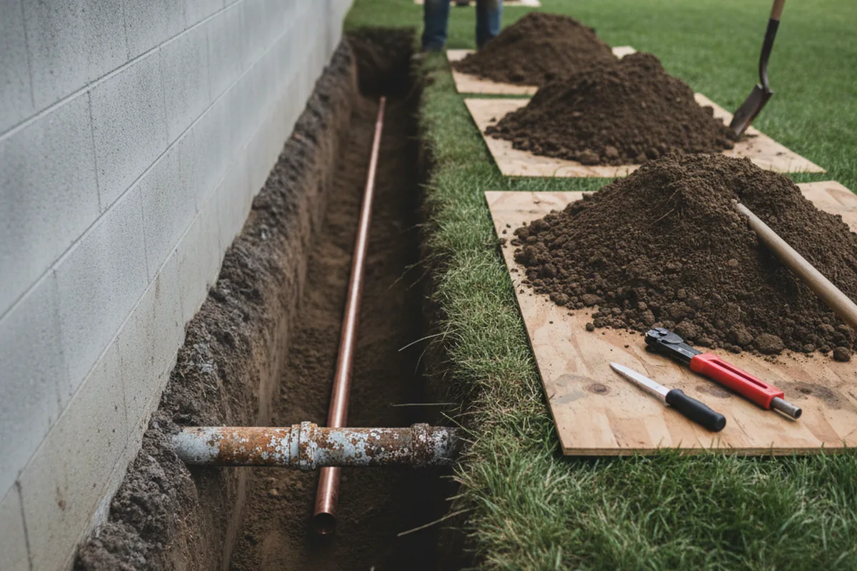 Excavated water line trench during Sewer Line Repair in Papillion